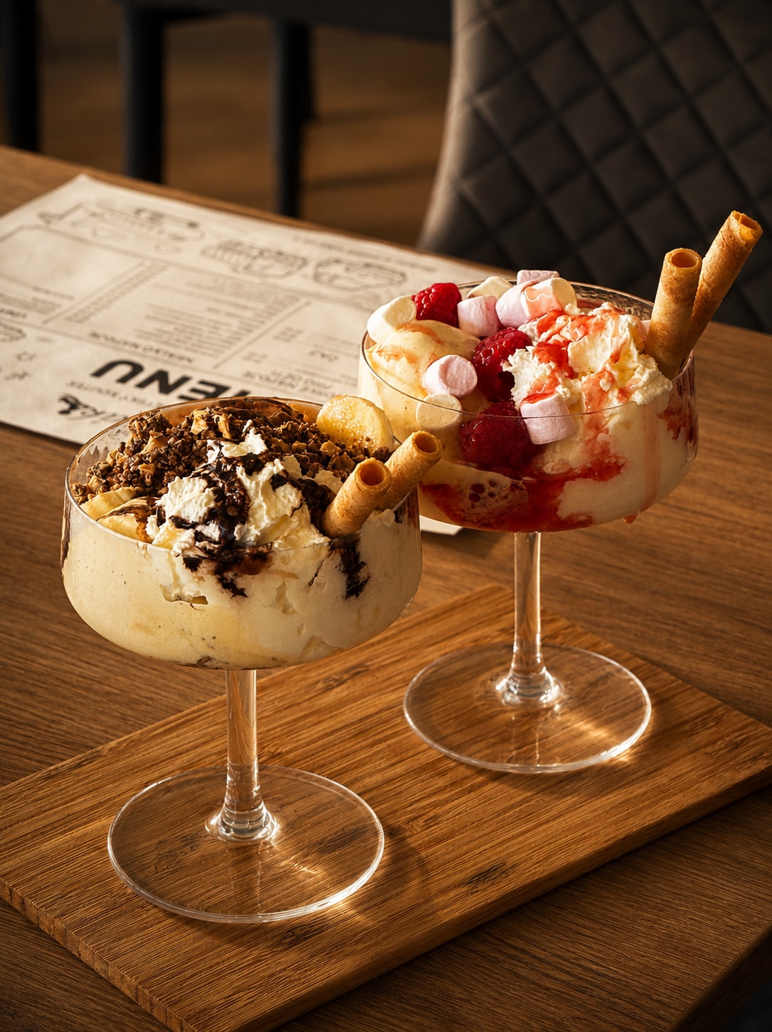 Zwei Eisbecher auf einem Holztisch