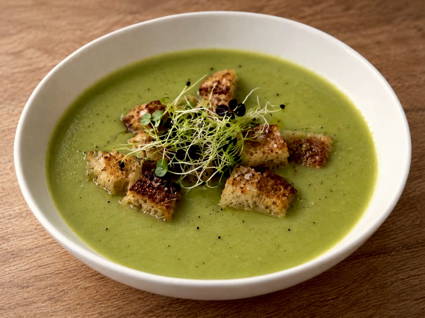 Grüne Cremesuppe mit Croutons und Sprossen