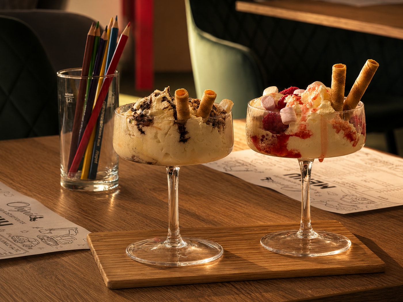 Eisbecher und Buntstifte im Obývák