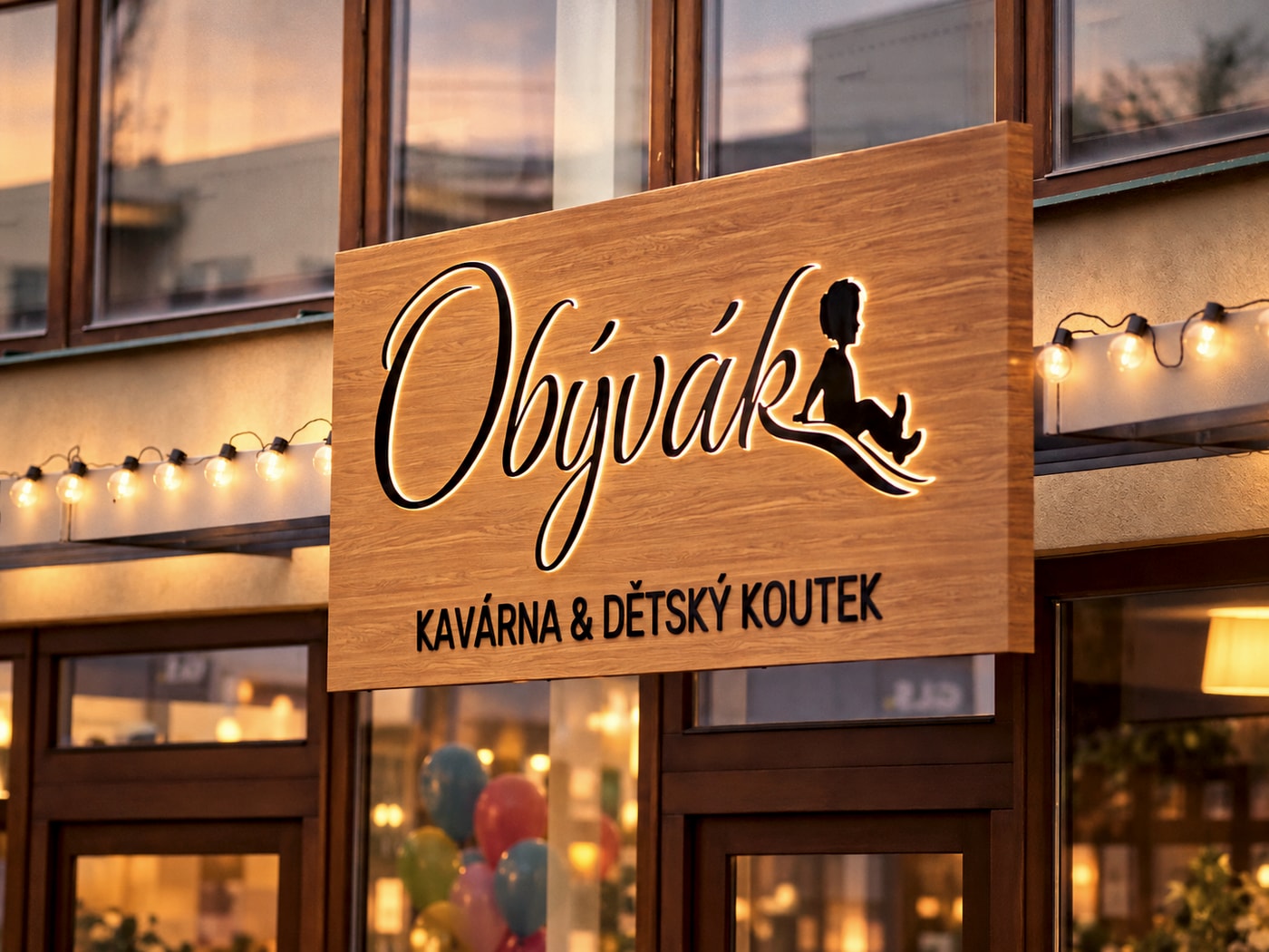 Osvětlené logo kavárny Obývák za večerního světla